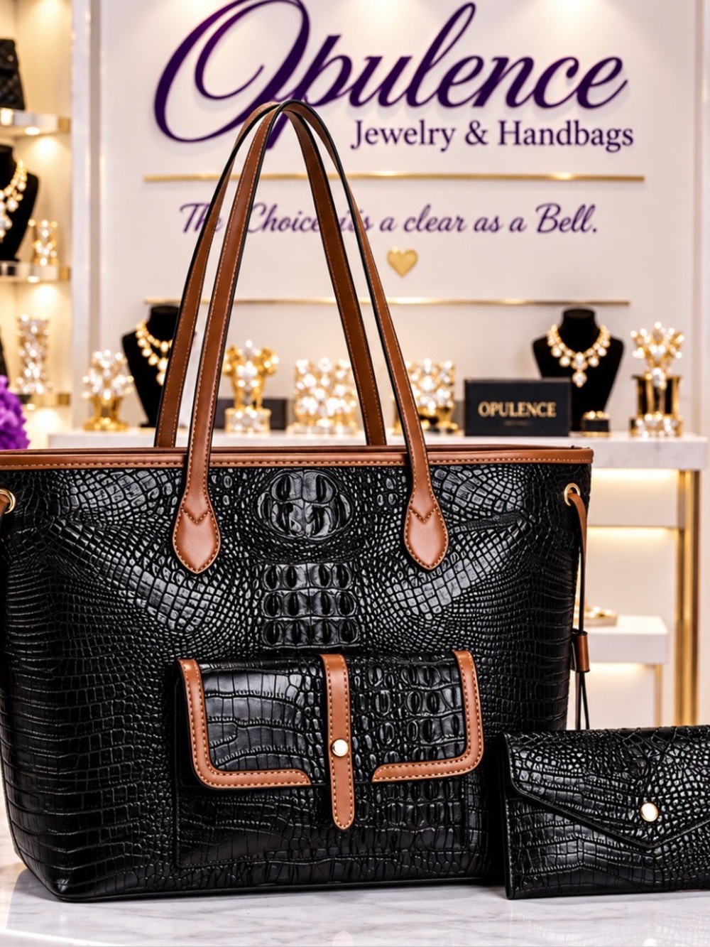 Black Croc-Embossed Tote with Brown Trim